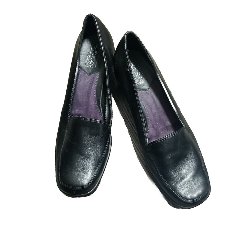 Aerosoles Women's Aerology Slip On Wedge Black Leather Loafers Size 8.5